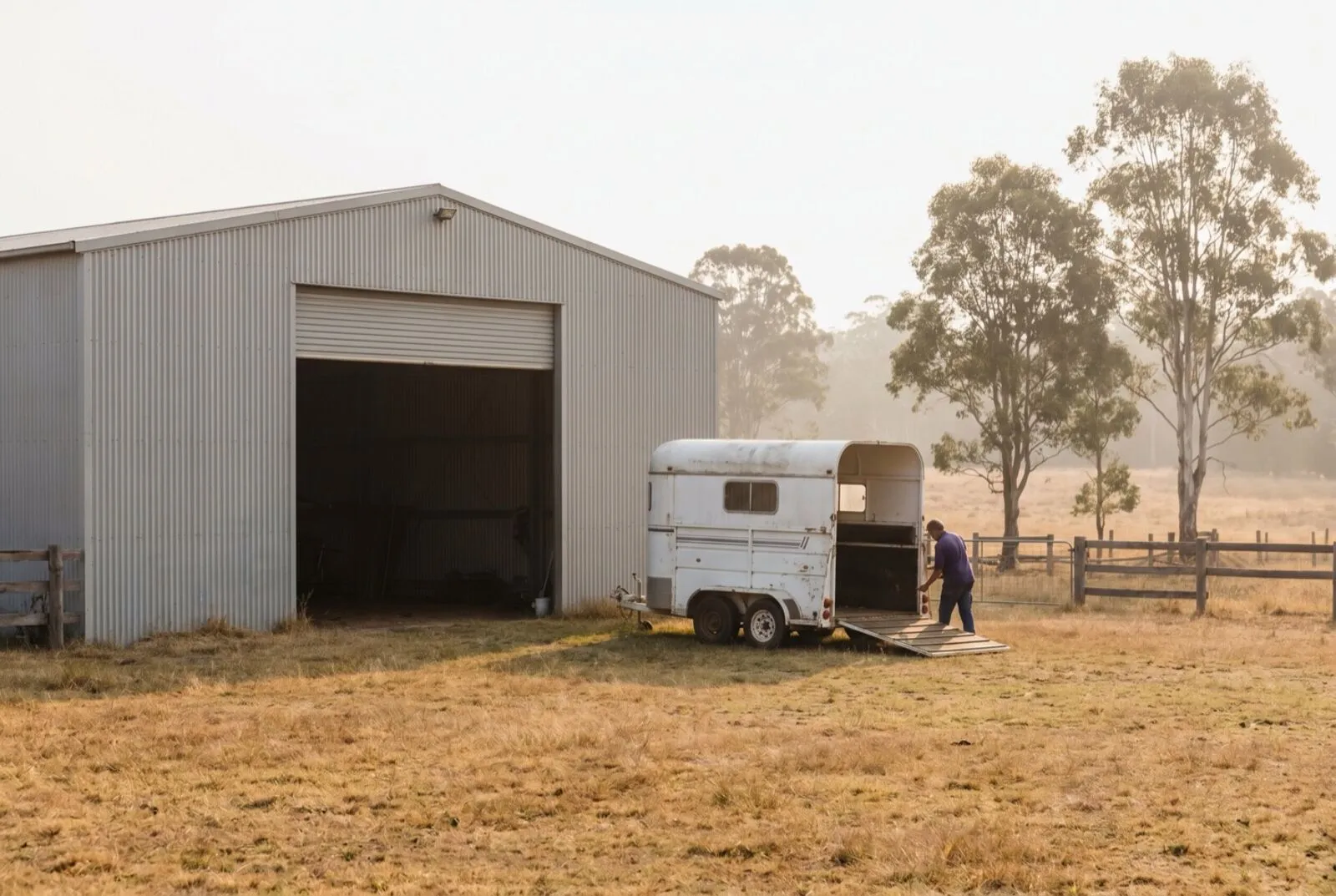 A steel farm shed with a high roller door and a horse float parked beside it on grassy acreage