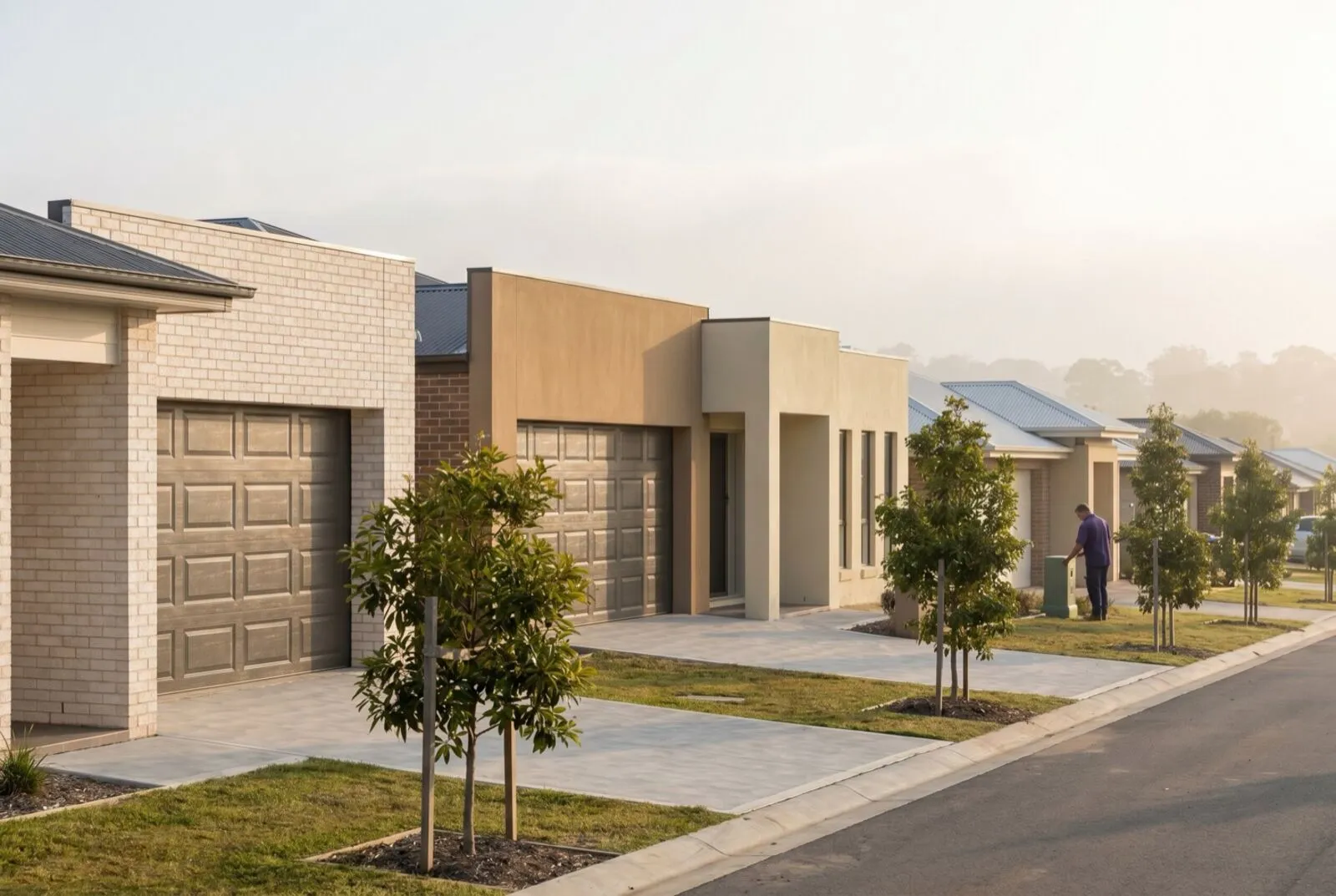 A new estate street where double sectional garage doors dominate the house facades