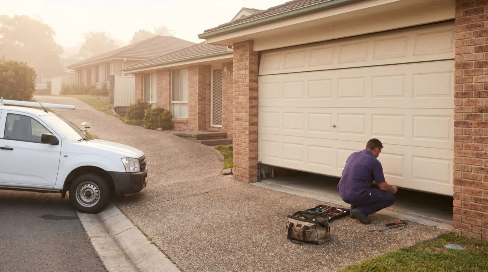 A garage door technician working at the bottom track of a sectional door on a brick home