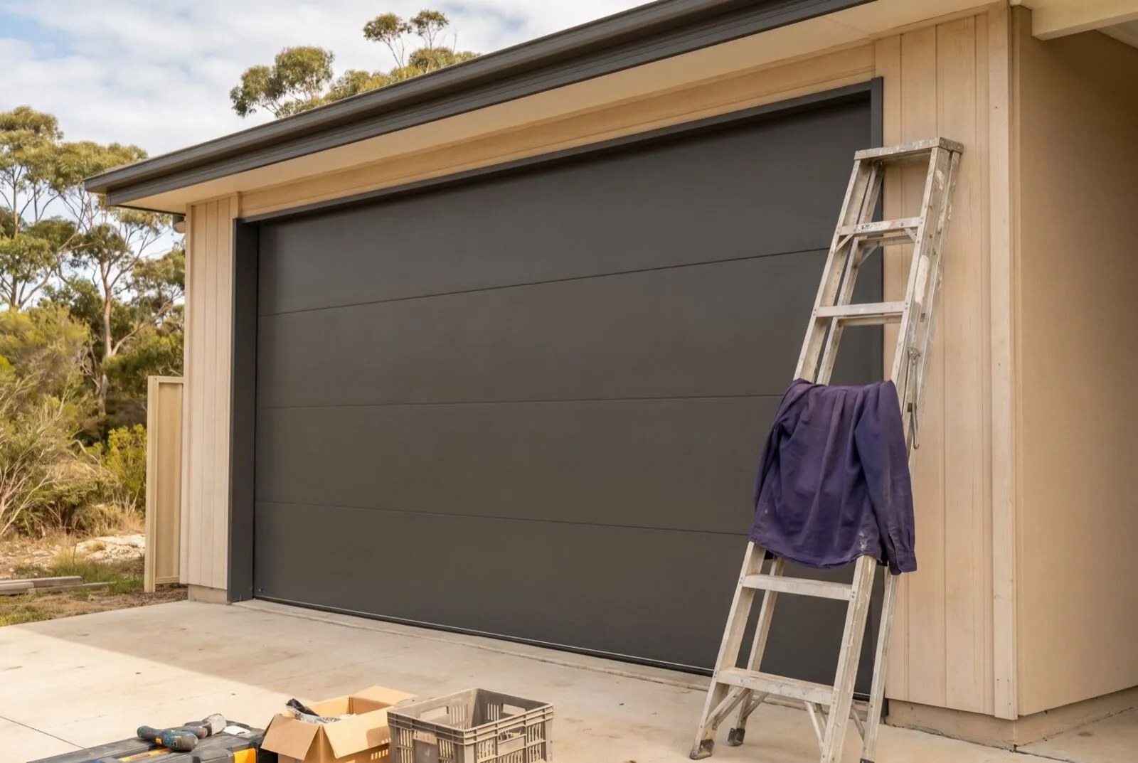 A newly installed matte charcoal sectional garage door on a modern home
