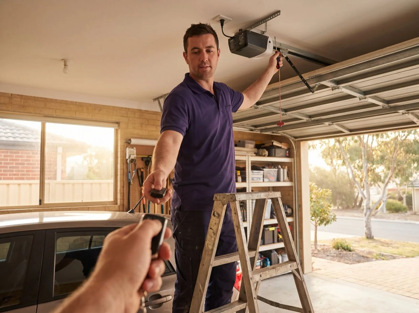 A technician servicing a ceiling-mounted garage door opener from a platform ladder
