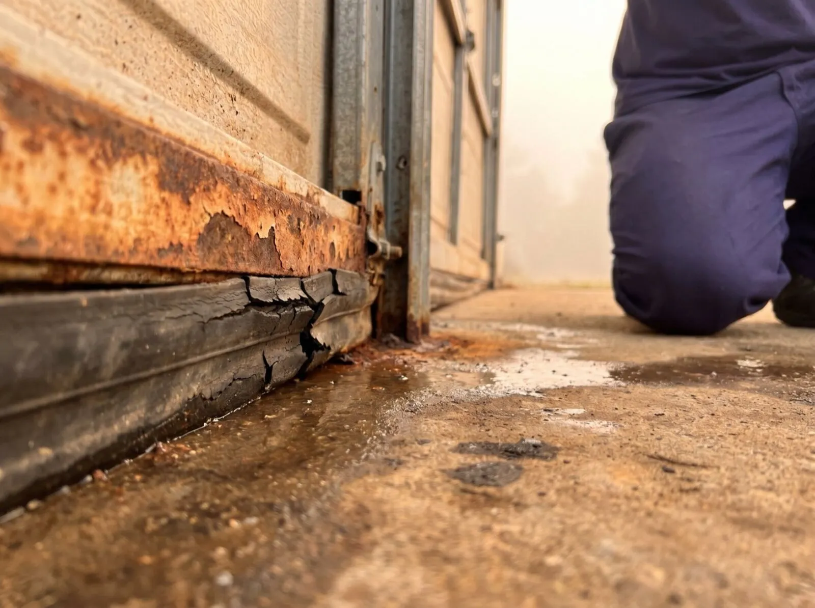 Close-up of a rusting garage door bottom rail and perished cracked rubber seal at concrete level