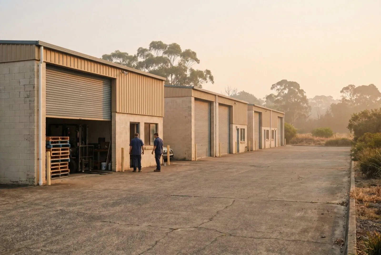 Light-industrial units with tall grey commercial roller shutters, one half open