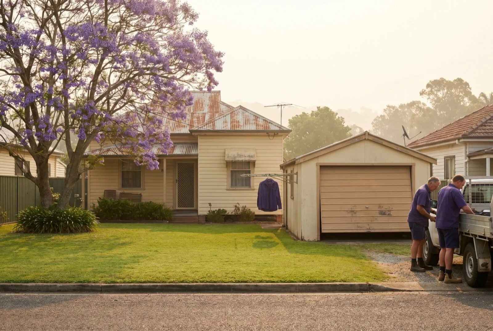 An older weatherboard home with a first-generation tilt garage door on a flat Wyong street